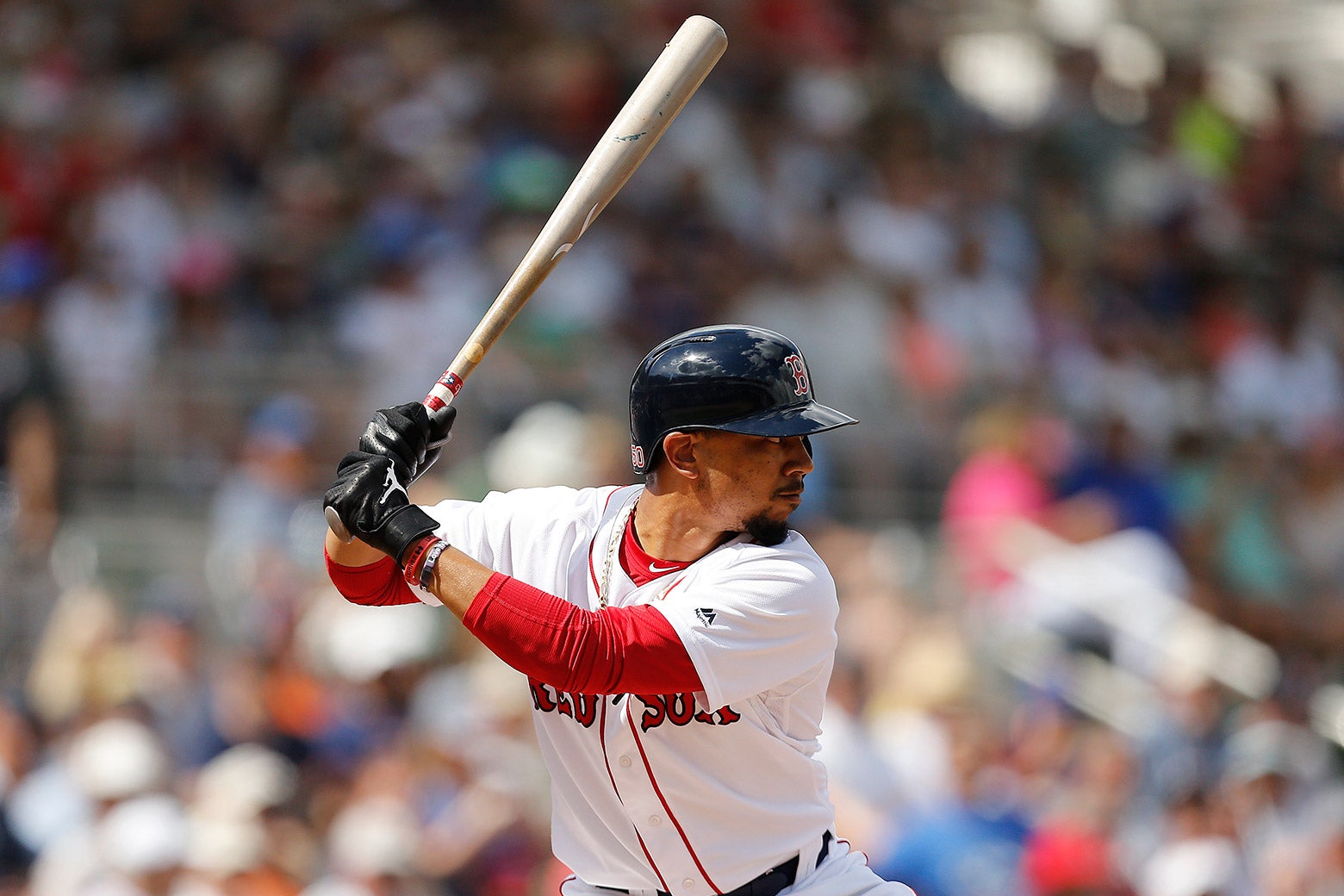 Mookie Betts of the Boston Red Sox waits at bat against the New York Mets on March 9 in Fort Myers, Florida.