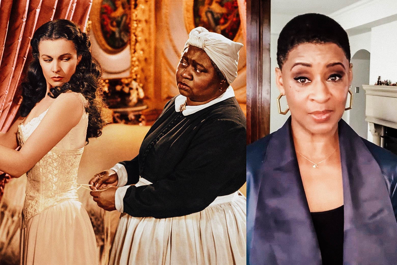 Side-by-side stills of Vivien Leigh and Hattie McDaniel in Gone With the Wind beside scholar Jacqueline Stewart introducing the film.