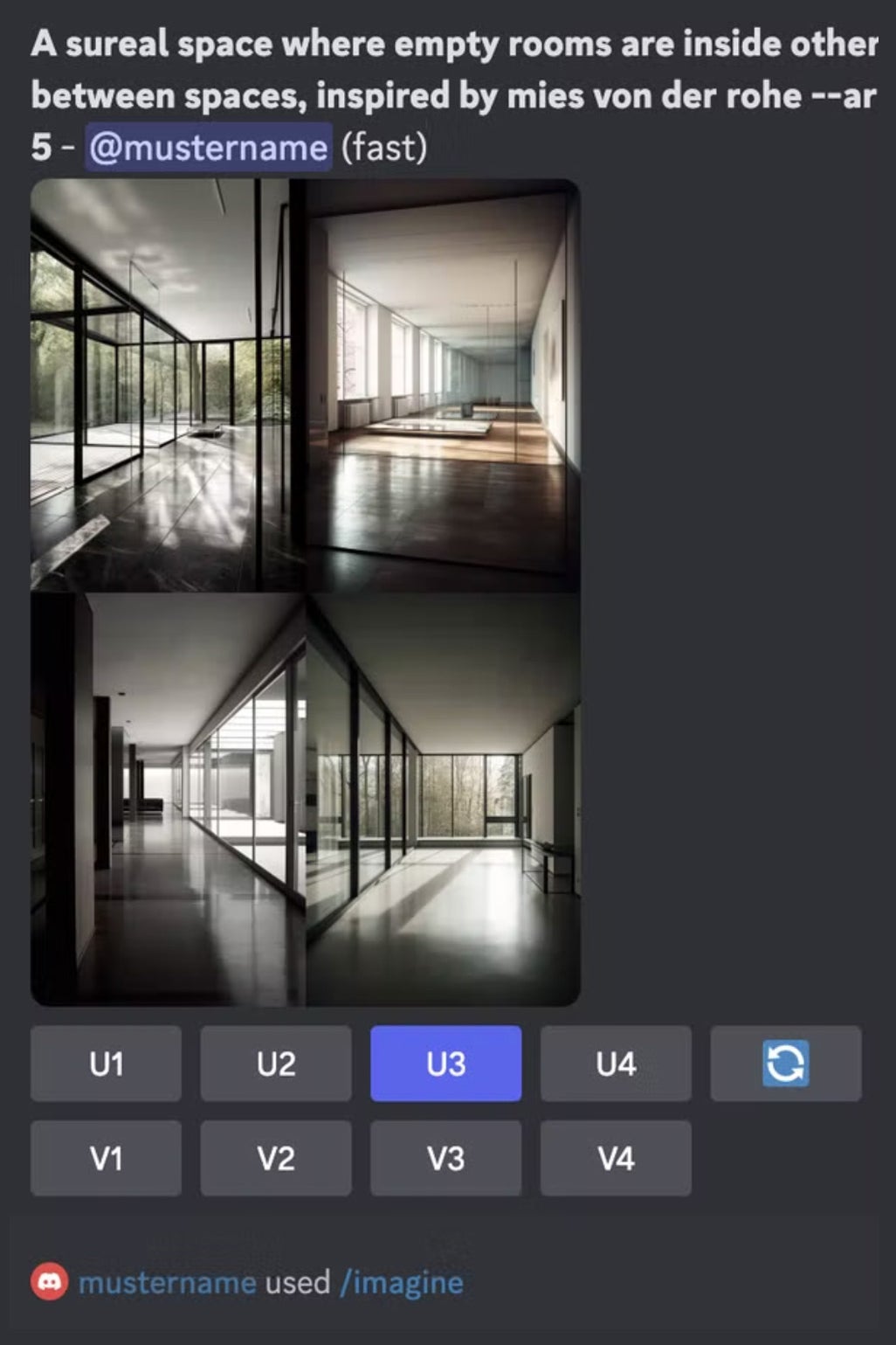A series of rooms, created on Midjourney, in the style of a van der Rohe design.