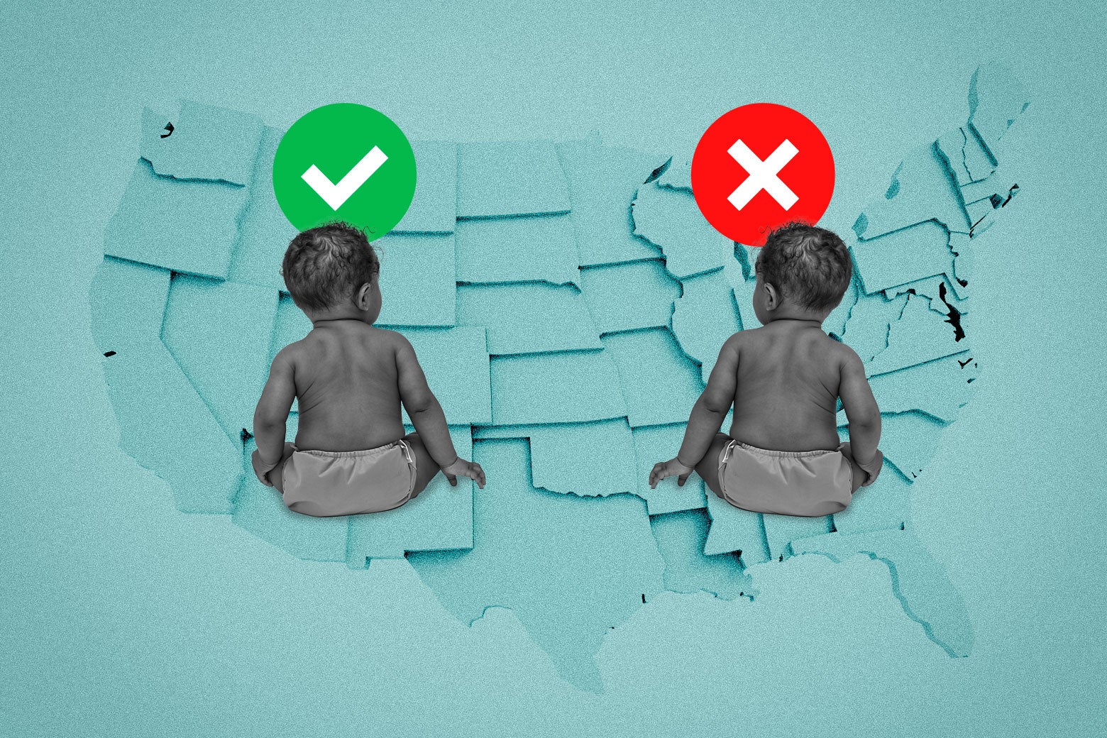 An image of the same baby copy and pasted twice, superimposed over a patchwork map of the United States. One baby has a green checkmark above their head, the other has a red "X."