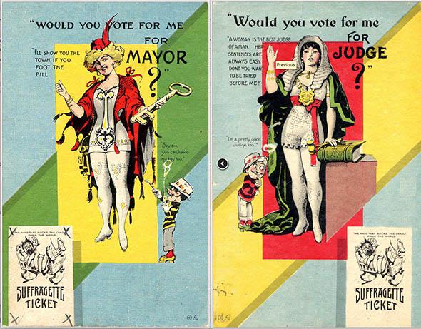 Two anti-suffrage postcards depicting female candidates, part of a series titled "Suffragette Ticket." Ca. 1910. 