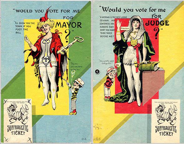 Two anti-suffrage postcards depicting female candidates, part of a series titled "Suffragette Ticket." Ca. 1910.