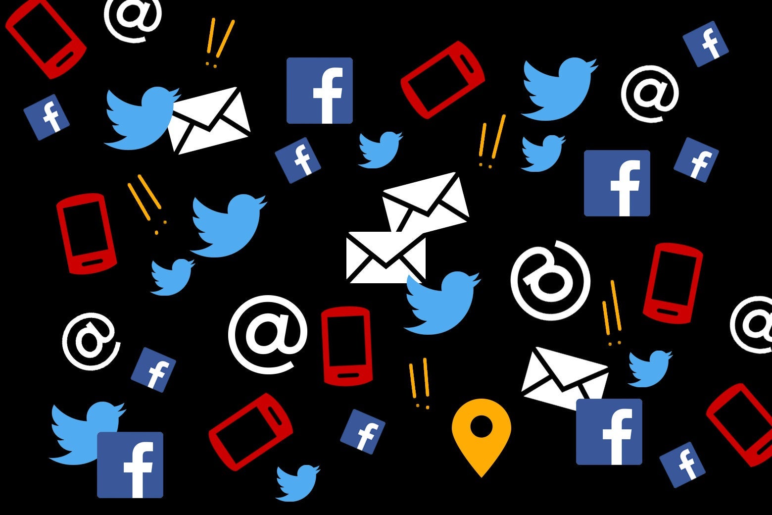 A collage of Facebook logos, Twitter birds, email icons, smartphone symbols, @ signs, location symbols, and exclamation points.