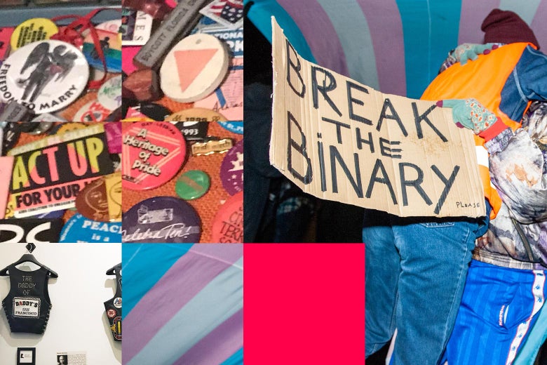 A grid of '80s and '90s gay and lesbian activist pins and leather club vests, blending into a photo of two people embracing and holding a sign saying "BREAK THE BINARY."