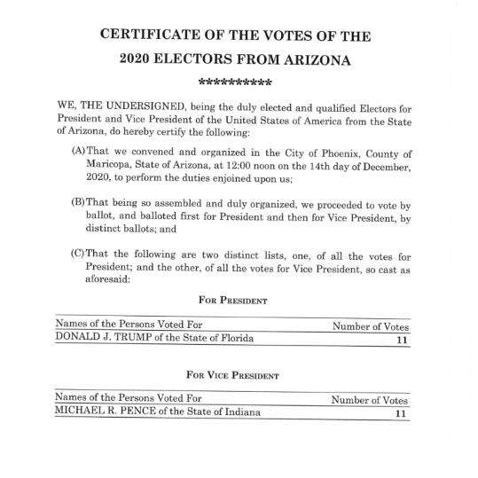 A fake certificate of Arizona votes