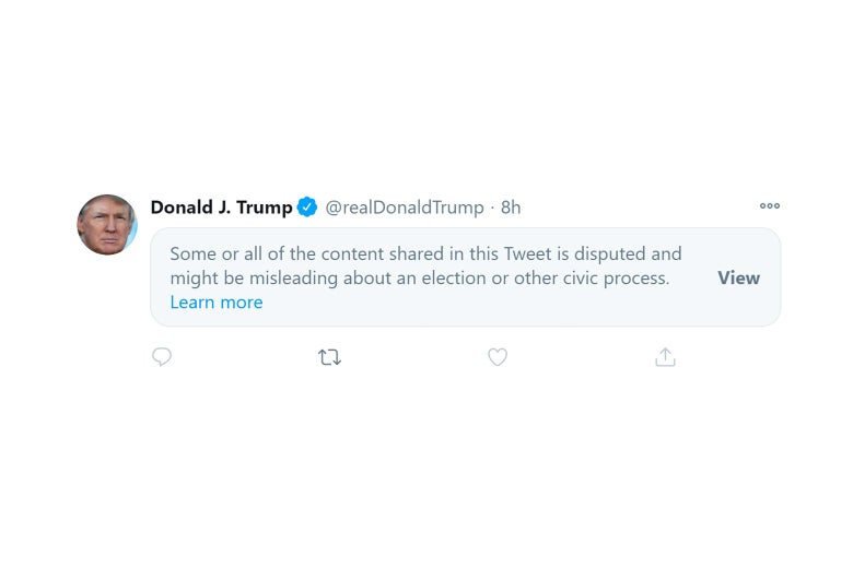 Trump tweet hidden by a Twitter label that says “Some or all of the content shared in this Tweet is disputed and might be misleading about an election or other civic process.”