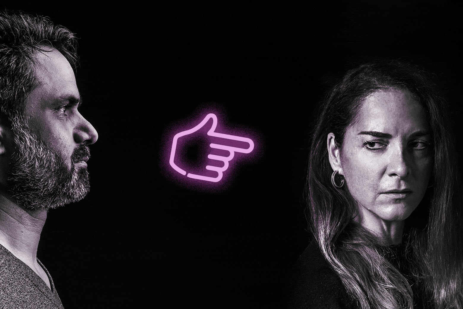 A finger points at a woman, across from a man.