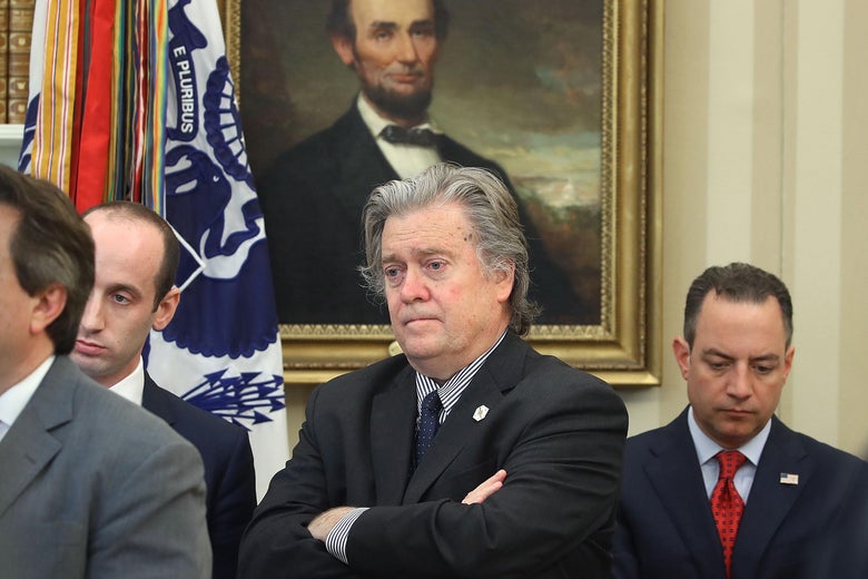 Steve Bannon stands in front of a Lincoln portrait alongside Stephen Miller and Reince Priebus.