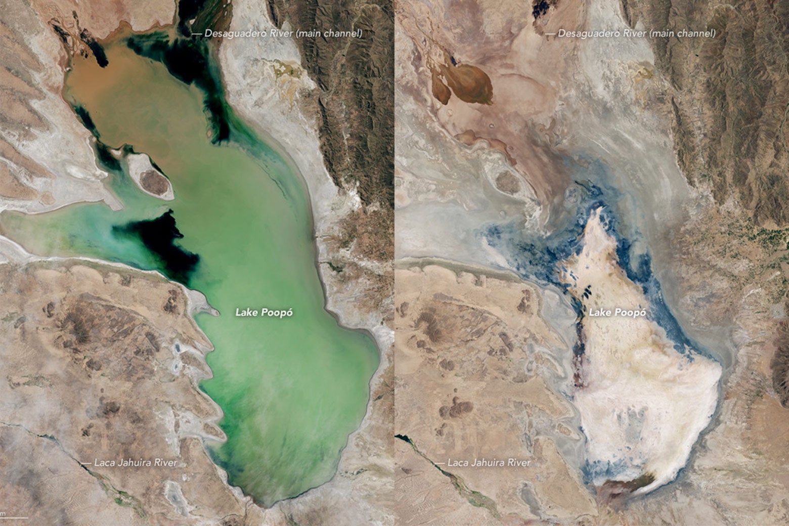 NASA. Lake Poopó—once Bolivia’s second-largest lake and an important fishing resource for local communities—has essentially dried up