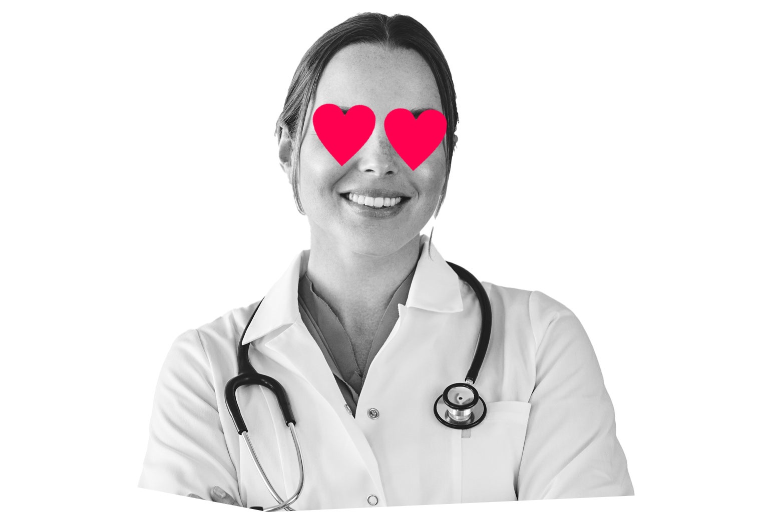 Woman in a lab coat with hearts in her eyes.