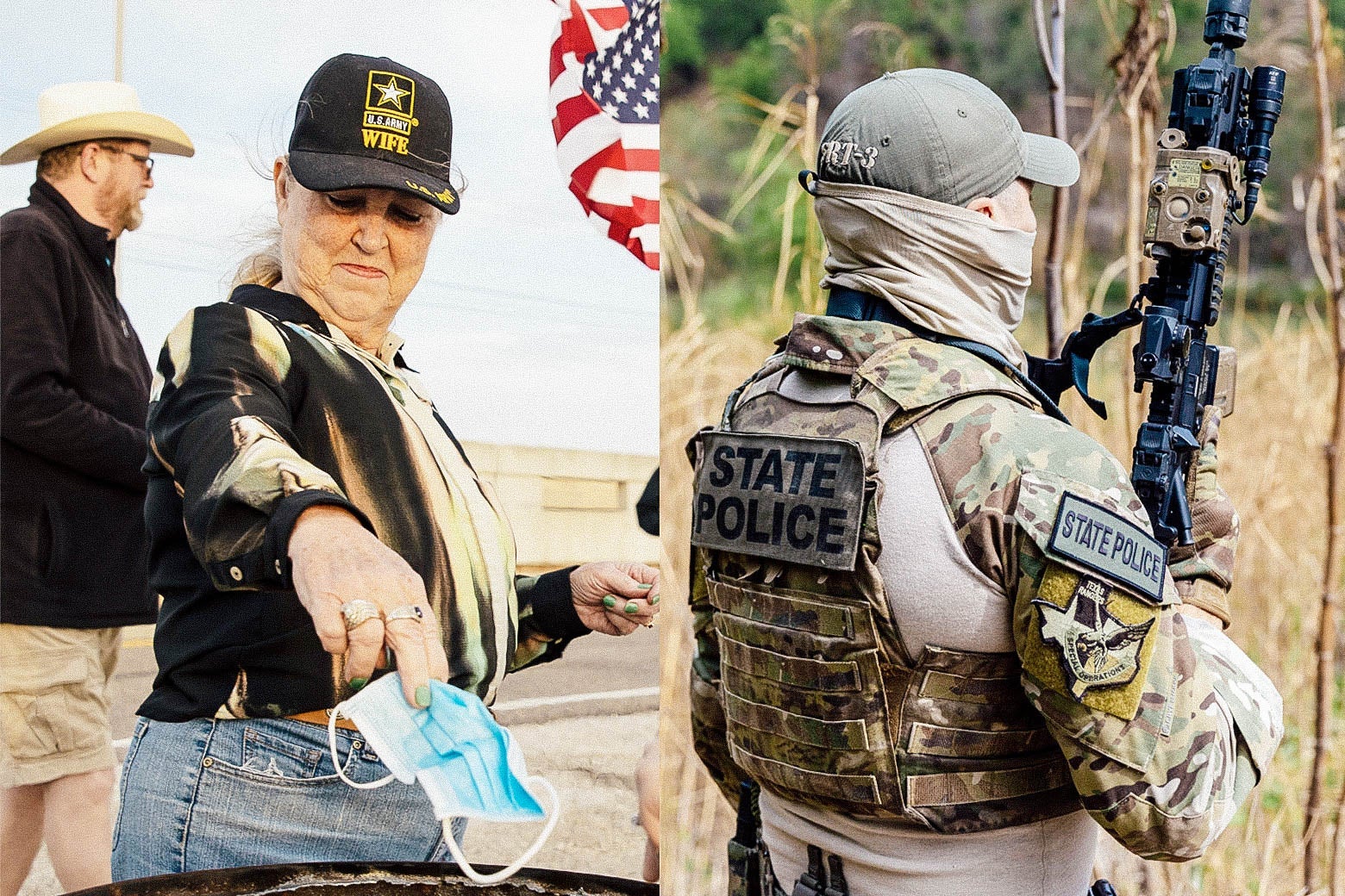 Left: Woman throwing away a mask. Right: State trooper with a gun
