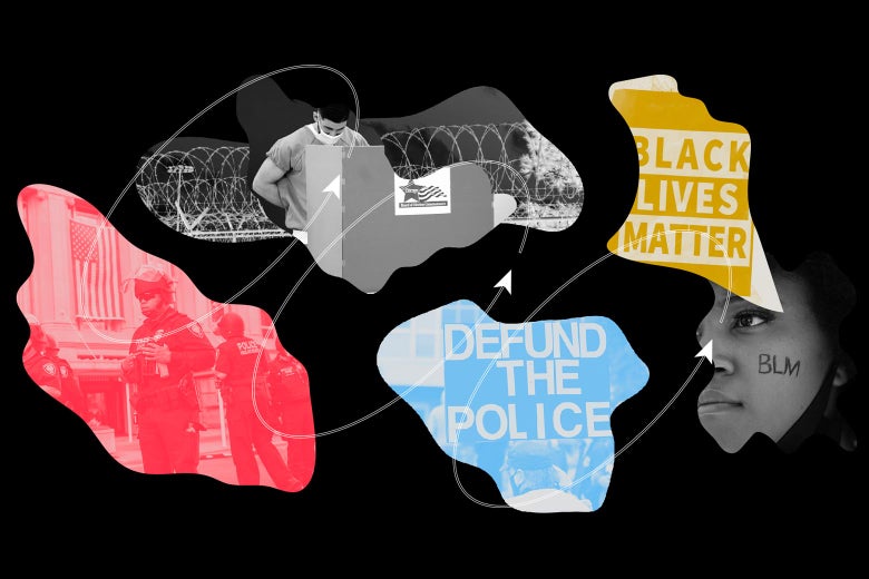 Different shapes showing Black Lives Matter and Defund the Police signs, along with police officers, a prisoner with a face mask looking down at a desk, and a person with "BLM" written on their chin.