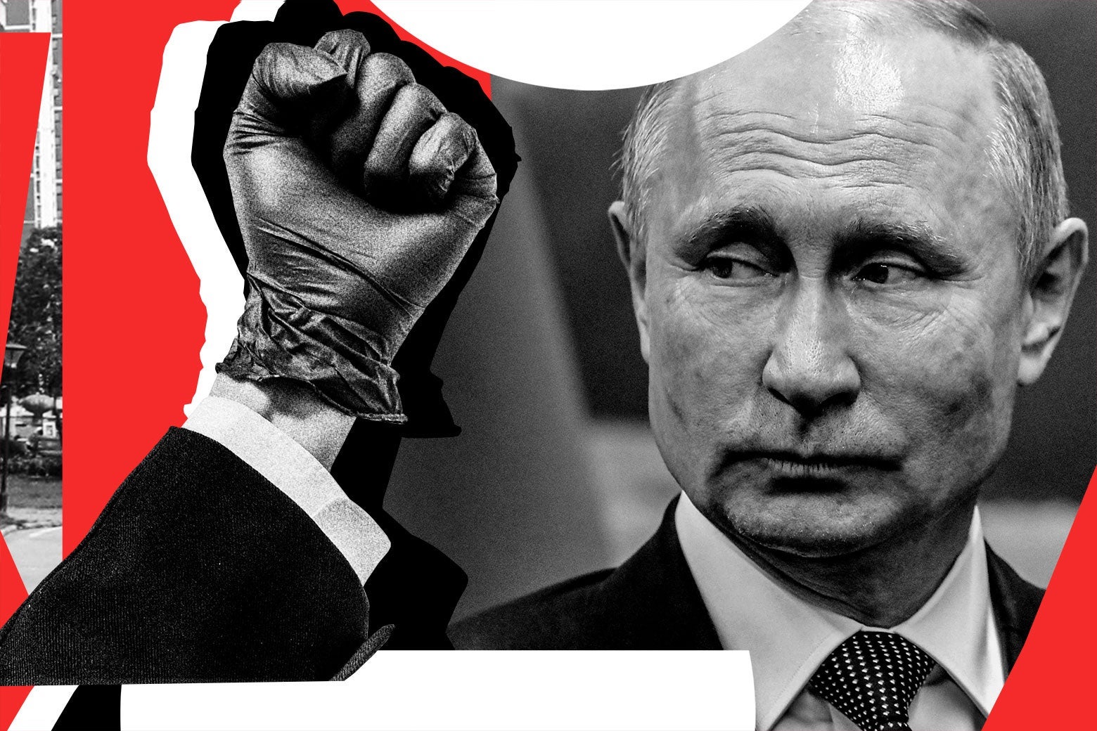 Photo collage of Vladimir Putin and a gloved fist.