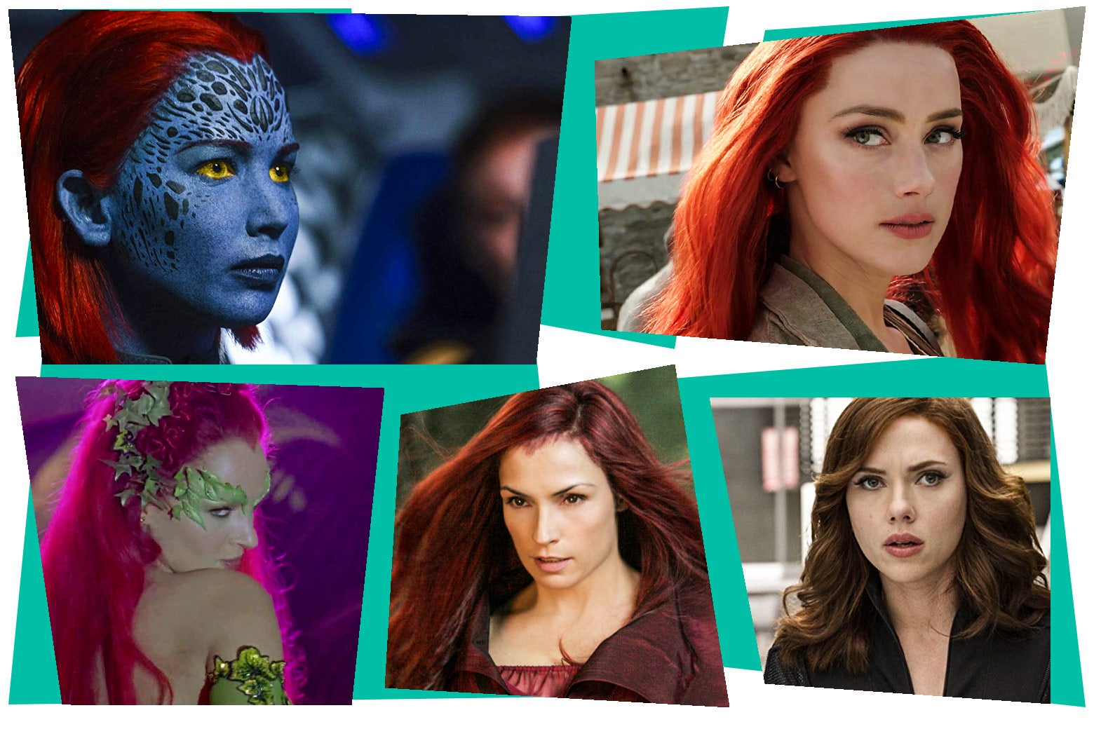 Famke Janssen as Jean Grey, Jennifer Lawrence as Mystique in the X-Men movies, Amber Heard as Mera in Aquaman, Uma Thurman as Poison Ivy in Batman and Robin, and Scarlett Johansson as Black Widow. 