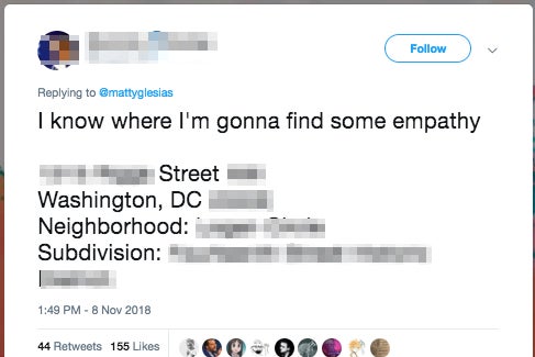A screenshot of the tweet showing the address of Vox co-founder Matt Yglesias, with the address blurred for privacy reasons.