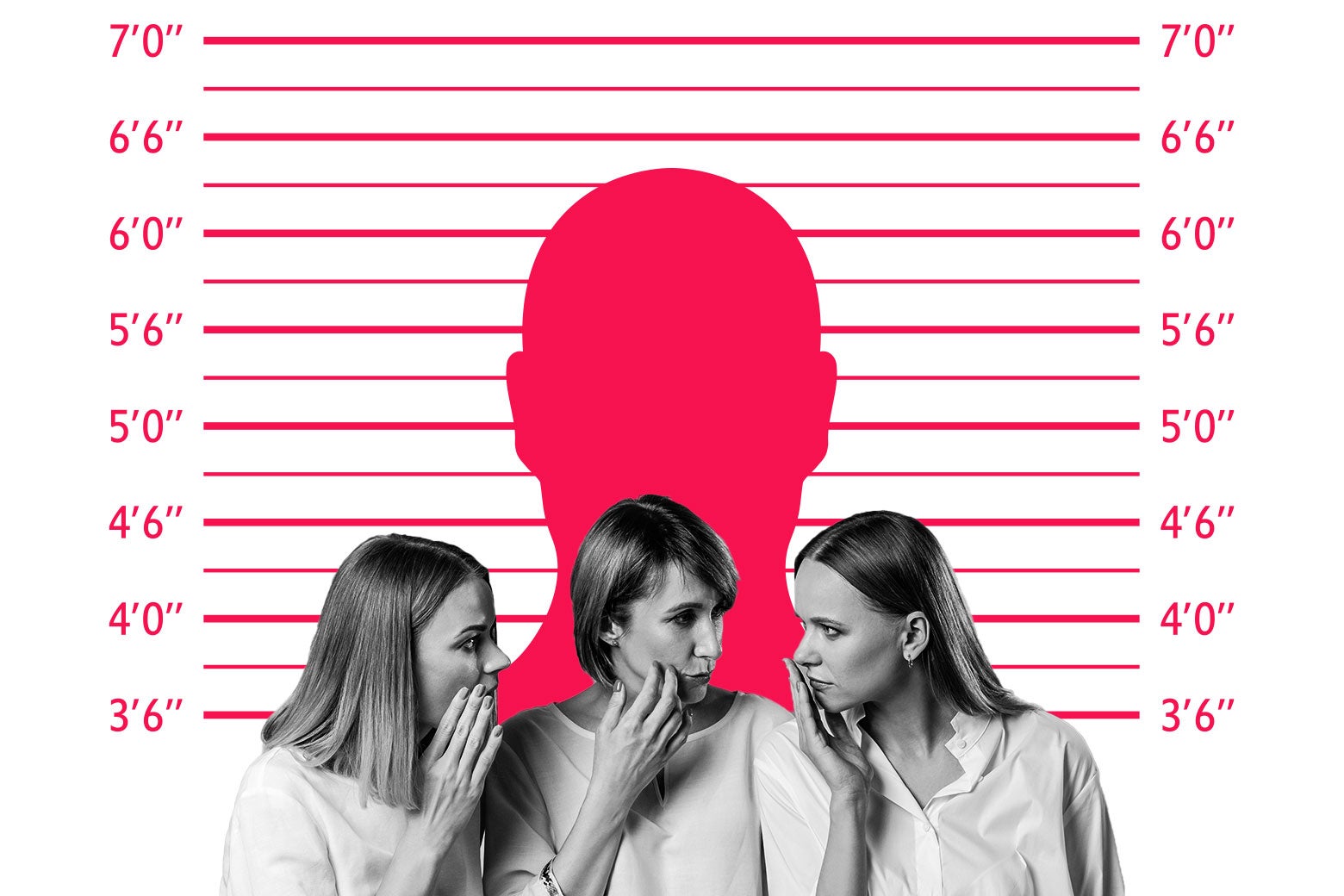 Three women whispering to each other. Behind them is a photo of someone in jail.