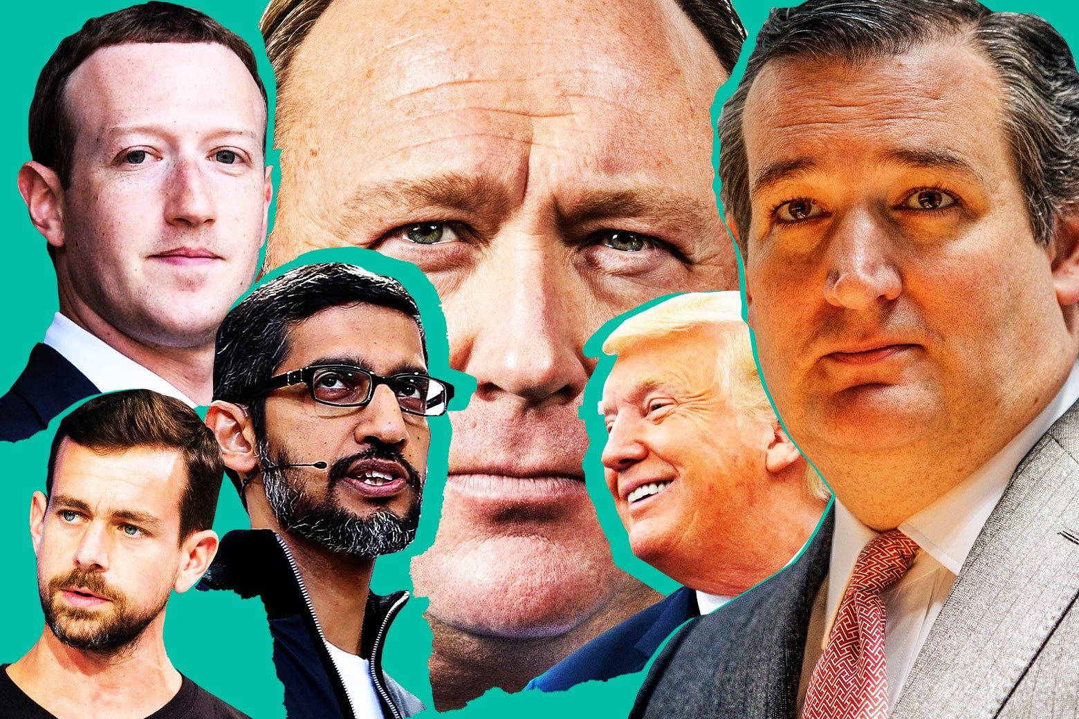 Jack Dorsey, Sundar Pichai, Mark Zuckerberg, Alex Jones, Donald Trump, Ted Cruz.