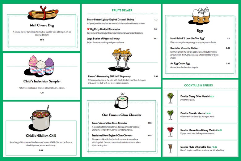 Menu listings for "Mall Churro Dog," "Chidi's Indecision Sampler," "Chidi's Nihilism Chili," "Fruits de Mer," "Our Famous Clam Chowder," "Eggs," and "Cocktails and Spirits."