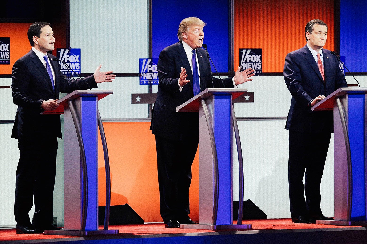 Marco Rubio, Donald Trump, and Ted Cruz participate in a debate sponsored by Fox News at the Fox Theatre on March 3, 2016, in Detroit.