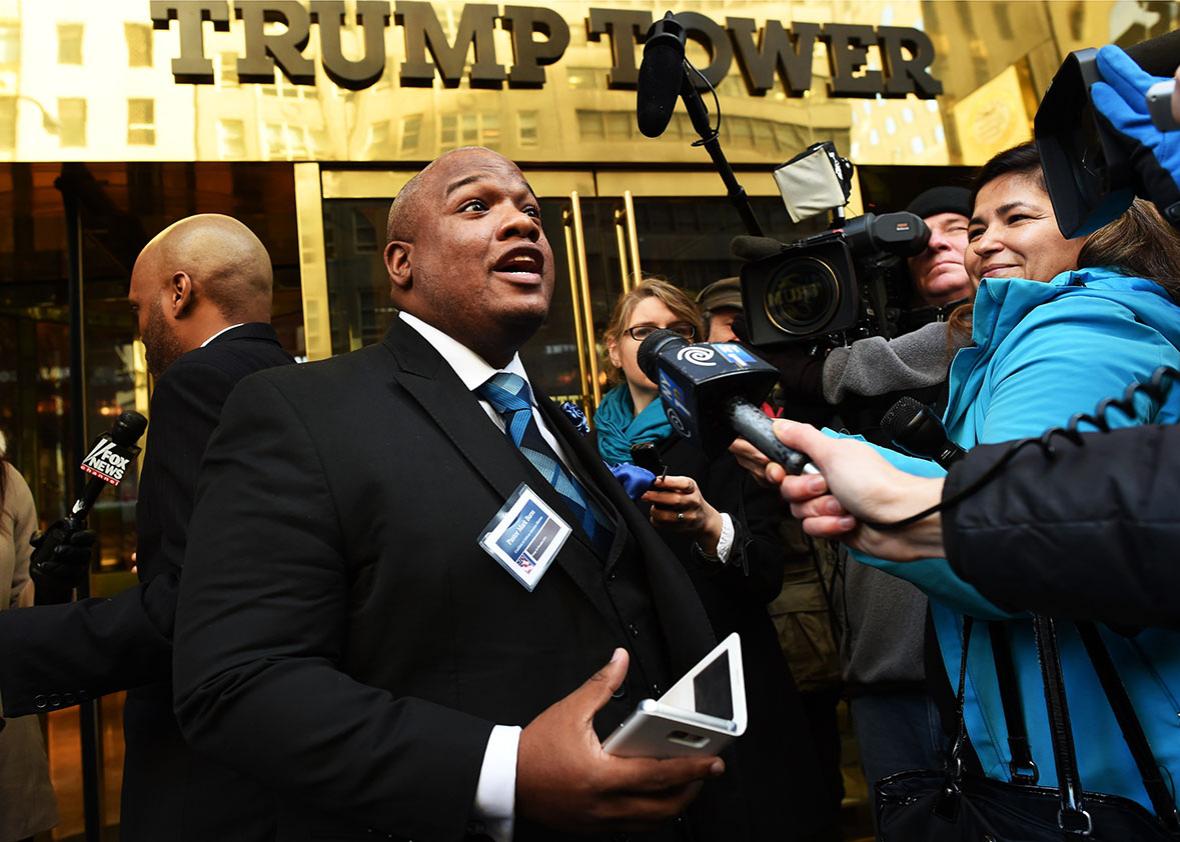 The Rev. Mark Burns, co-founder and CEO of Christian Television Network, arrives at Trump Tower for a meeting with Republican hopeful Donald Trump in New York on November 30 ,2015.  