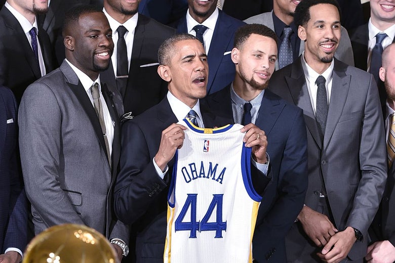 Barack Obama with (from left) Draymond Green, Stephen Curry, and Shaun Livingston of the Golden State Warriors at the White House on Feb. 4, 2015.