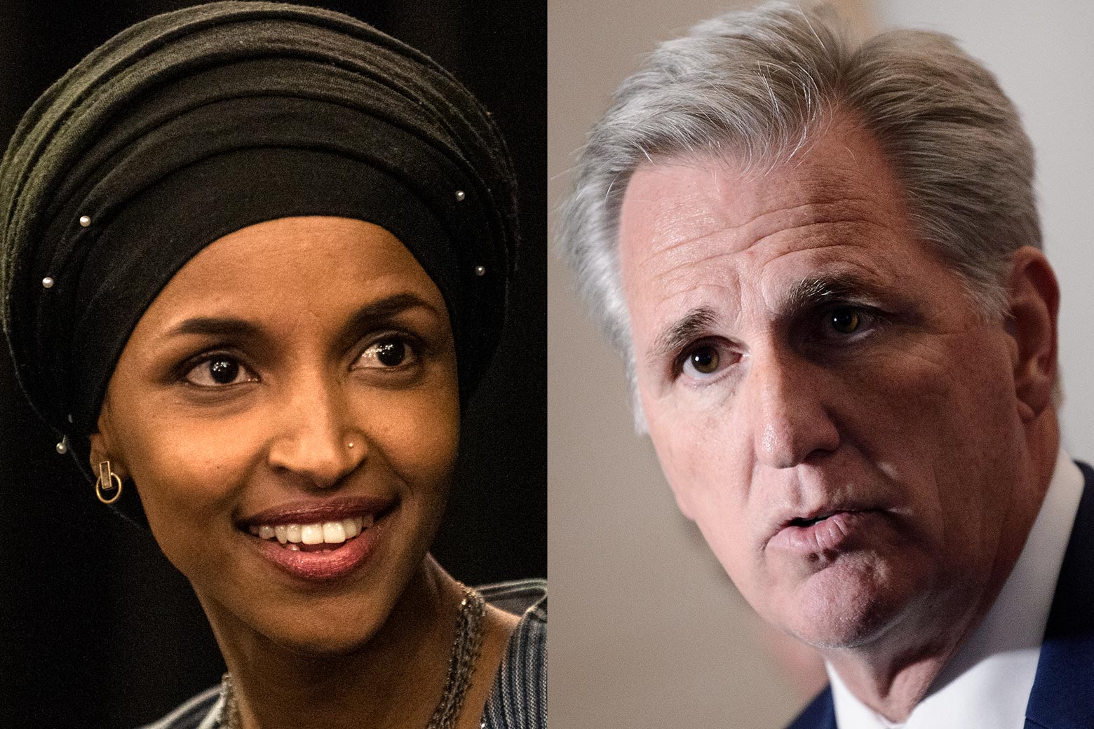 Minnesota Rep. Ilhan Omar and House Minority Leader Kevin McCarthy.