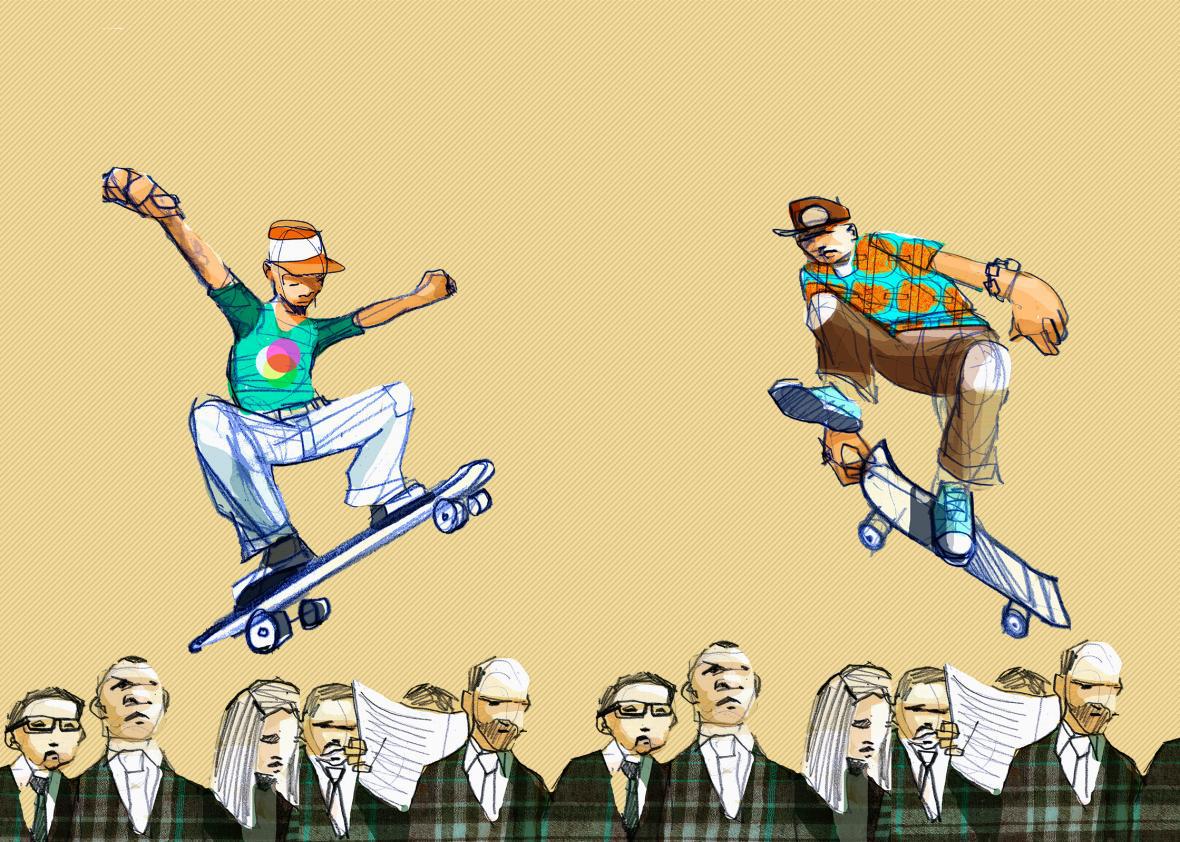 Two young people skateboarding over the heads of older people wearing suits.