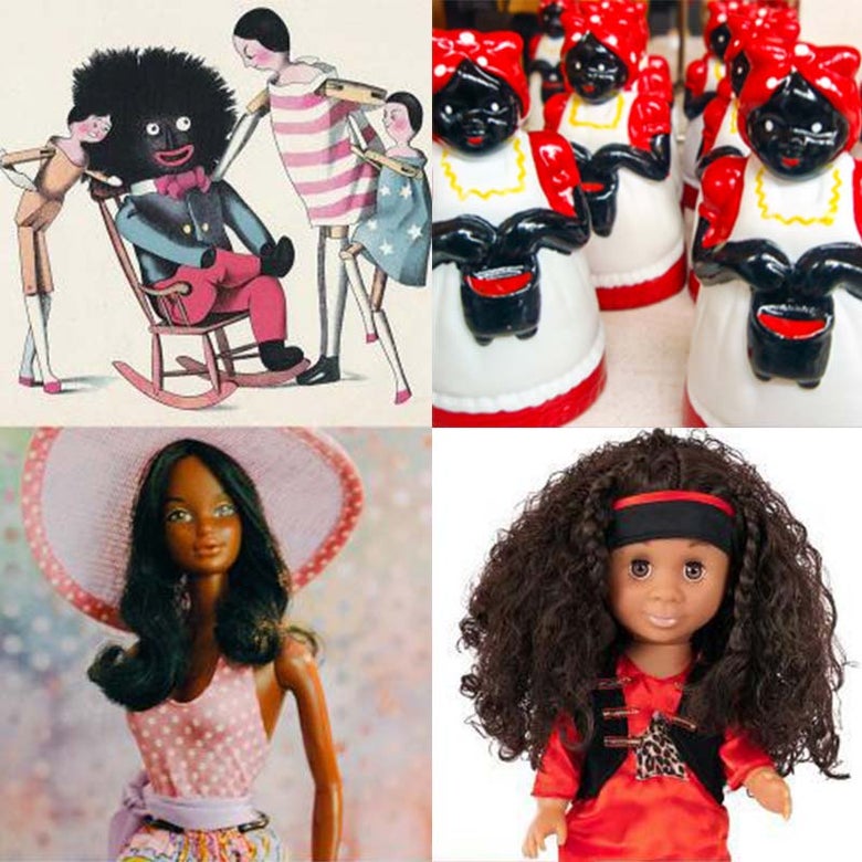 The Golliwogg in Florence Kate Upton’s 1895 “The Adventures of Two Dutch Dolls and a Golliwogg,” 'Mammy Doll' ceramic souvenirs, Malibu Christie from the 1980s, and a Classic Kenya Doll. 