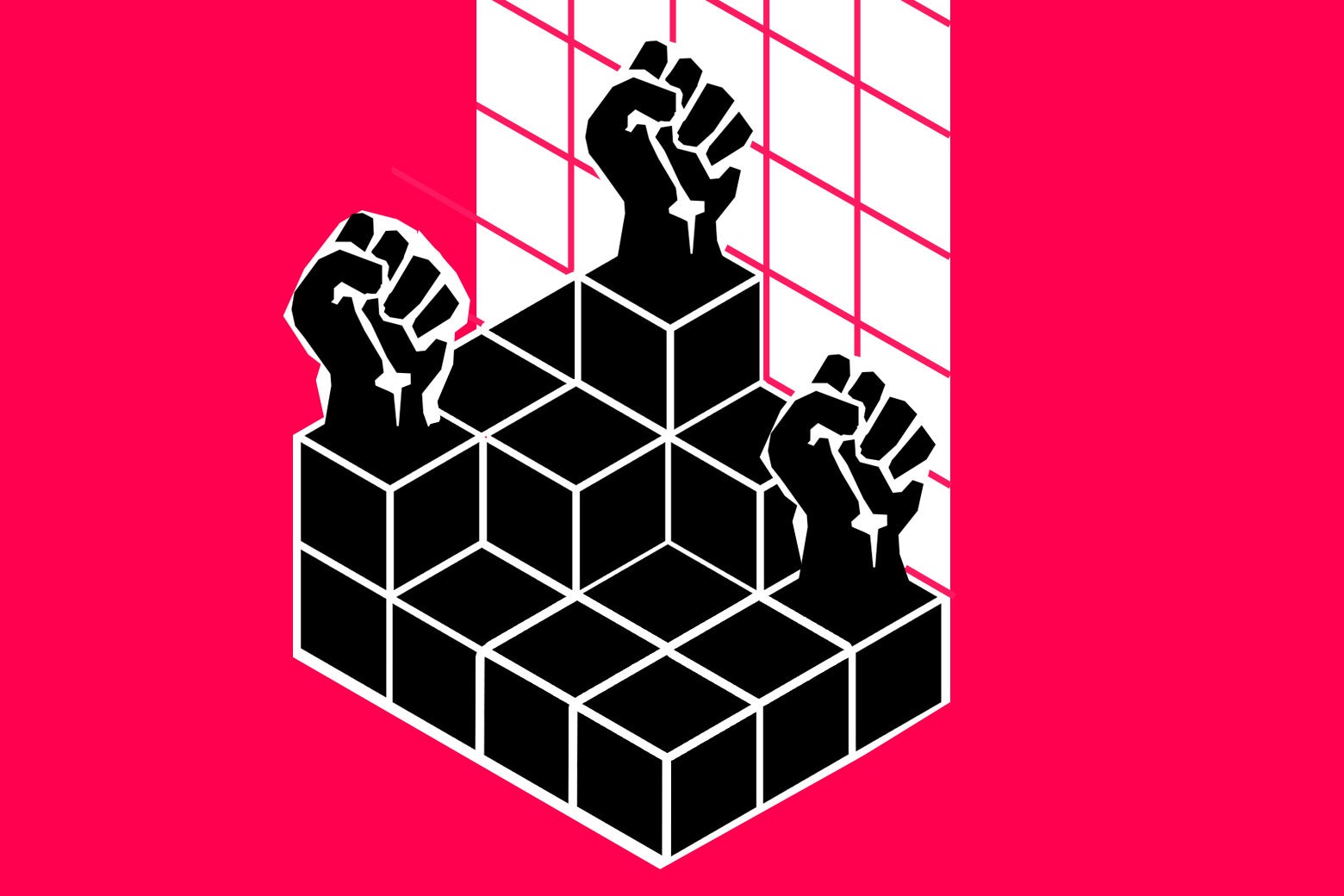 Illustration by Slate.  Illustration of fists raised in solidarity atop a graph of data to combat racism.