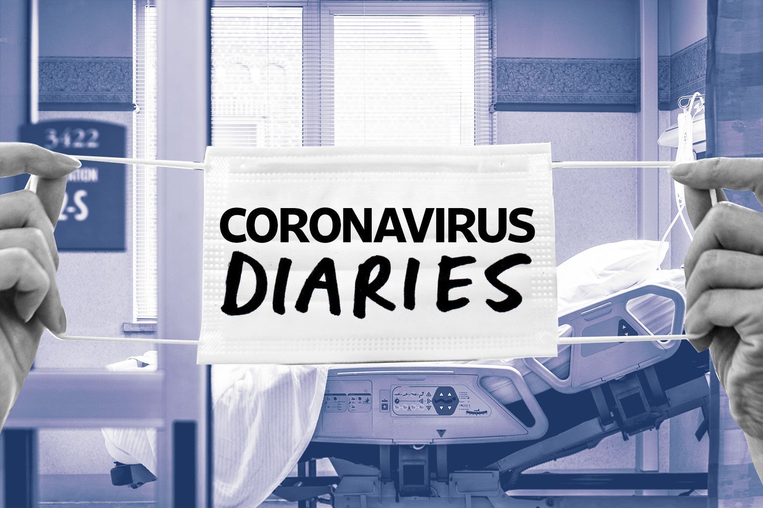A mask that says "coronavirus diaries" overlaid on an image of an empty hospital room.