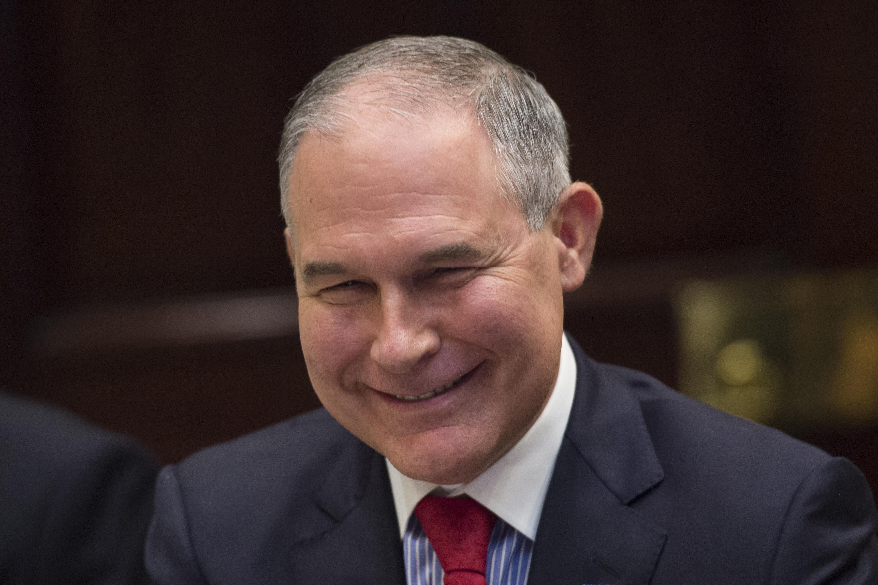 EPA Administrator Scott Pruitt smiles while President Donald Trump leads a tribal, State, and local energy roundtable in the Roosevelt Room at the White House on June 28, 2017 in Washington, D.C. 