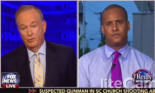 Bill O’Reilly, left, and Charleston lawmaker Todd Rutherford, a friend of Pastor Clementa Pinckney, on “The O’Reilly Factor,” June 18, 2015.