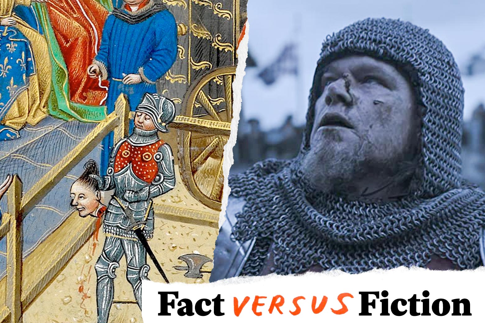 At left: A medieval illustration shows a knight holding up a man's decapitated head. At right: Matt Damon in knight's garb in the film.
