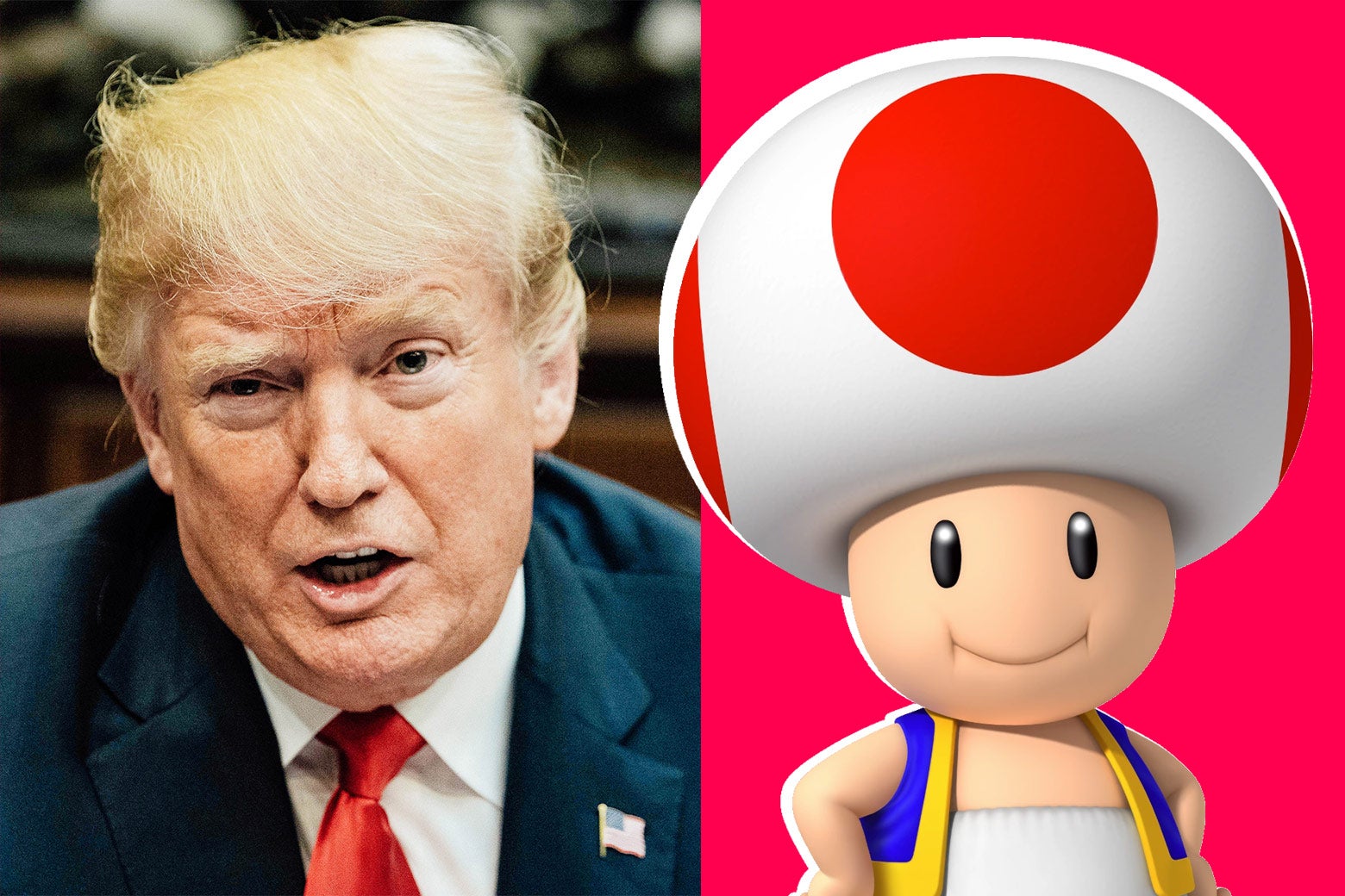 On the left, Trump's face; on the right, Toad from Mario Kart.