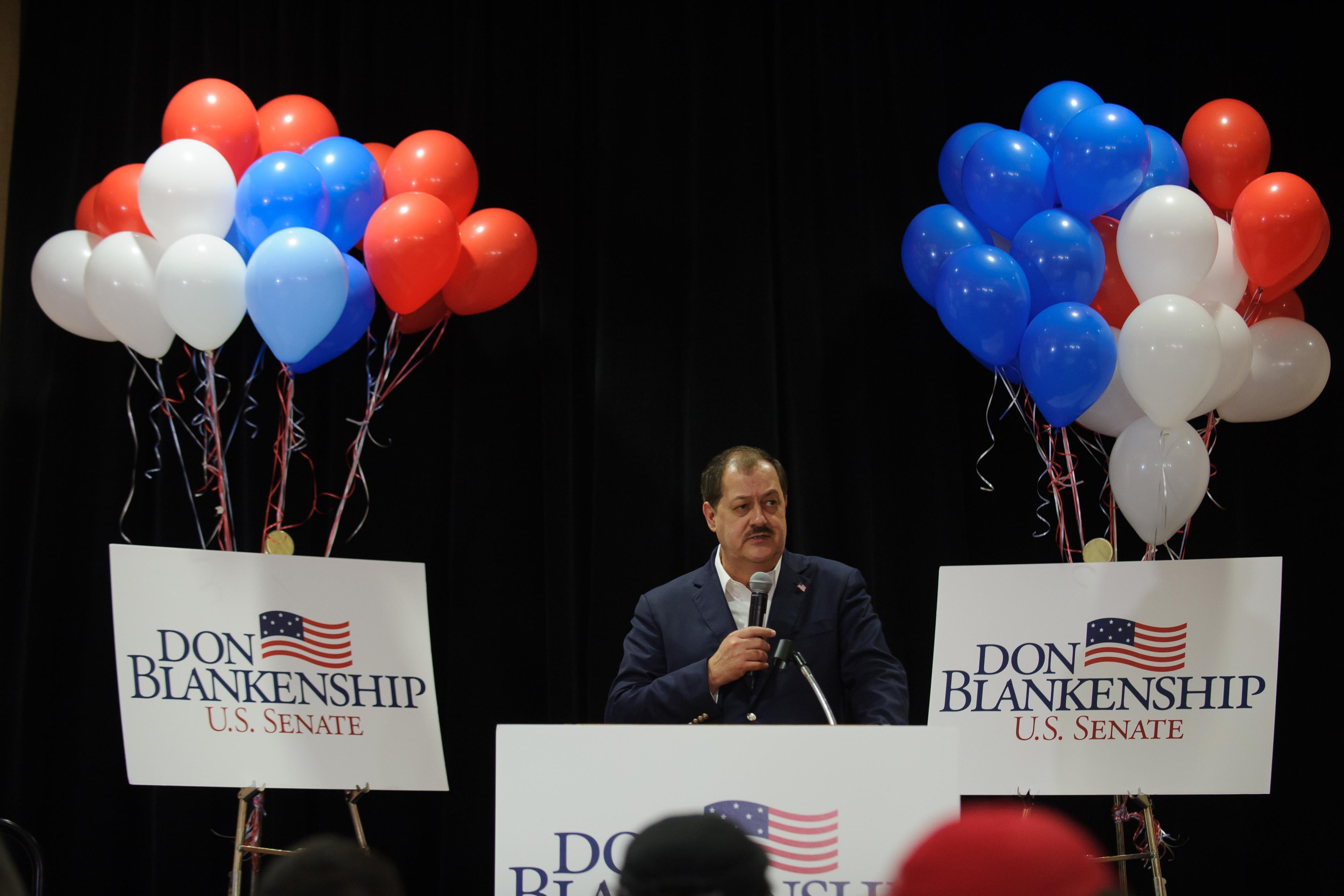 U.S. Senate Republican primary candidate Don Blankenship addresses supporters following a poor showing in the polls May 8, 2018 in Charleston, West Virginia. 