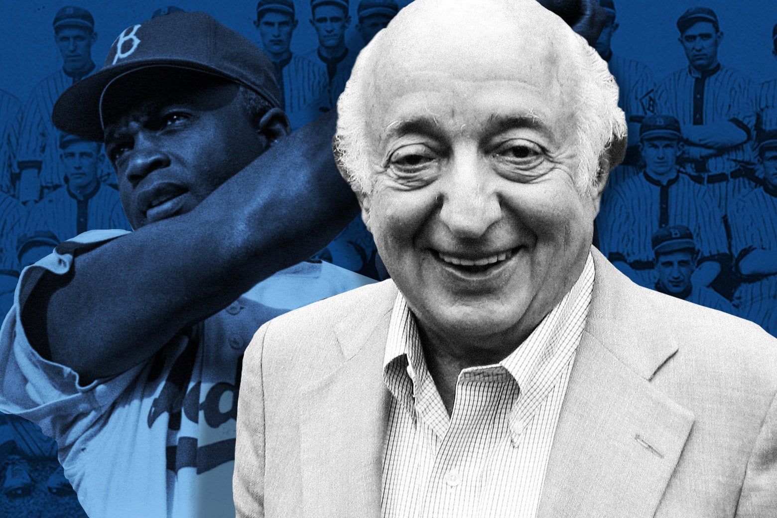 Roger Kahn, smiling, superimposed over Jackie Robinson swinging a bat, with other former Brooklyn Dodgers behind him.