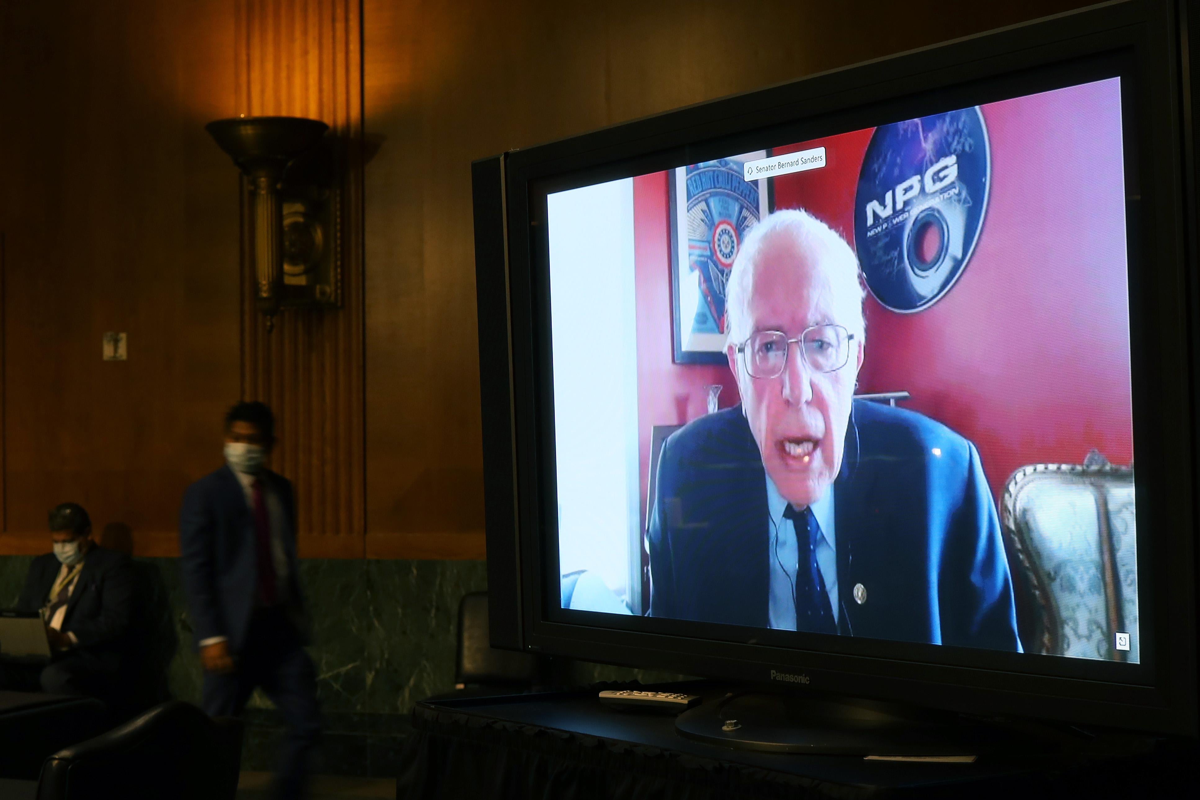 Sen. Bernie Sanders speaks remotely during the Senate Committee for Health, Education, Labor, and Pensions hearing on May 12, 2020 in Washington, DC. 