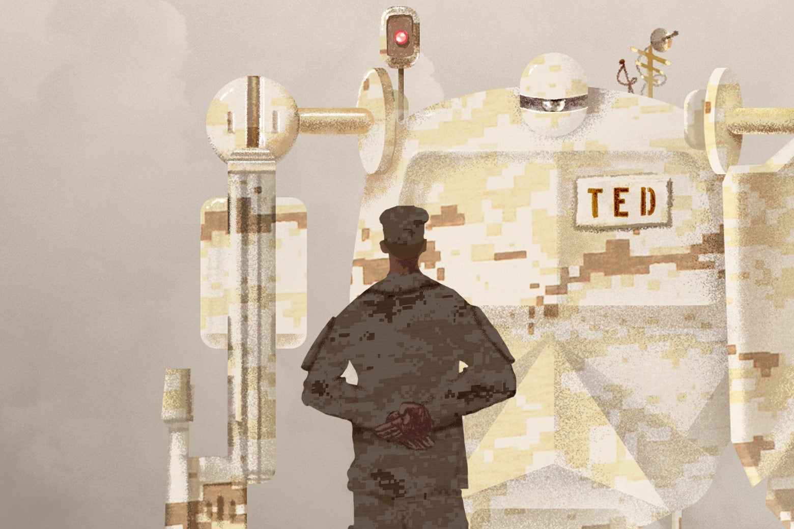 A person in camouflage stands in front of a giant camouflaged robot with a nameplate that says TED.