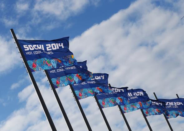 Sochi flags fly inside the Olympic Park.