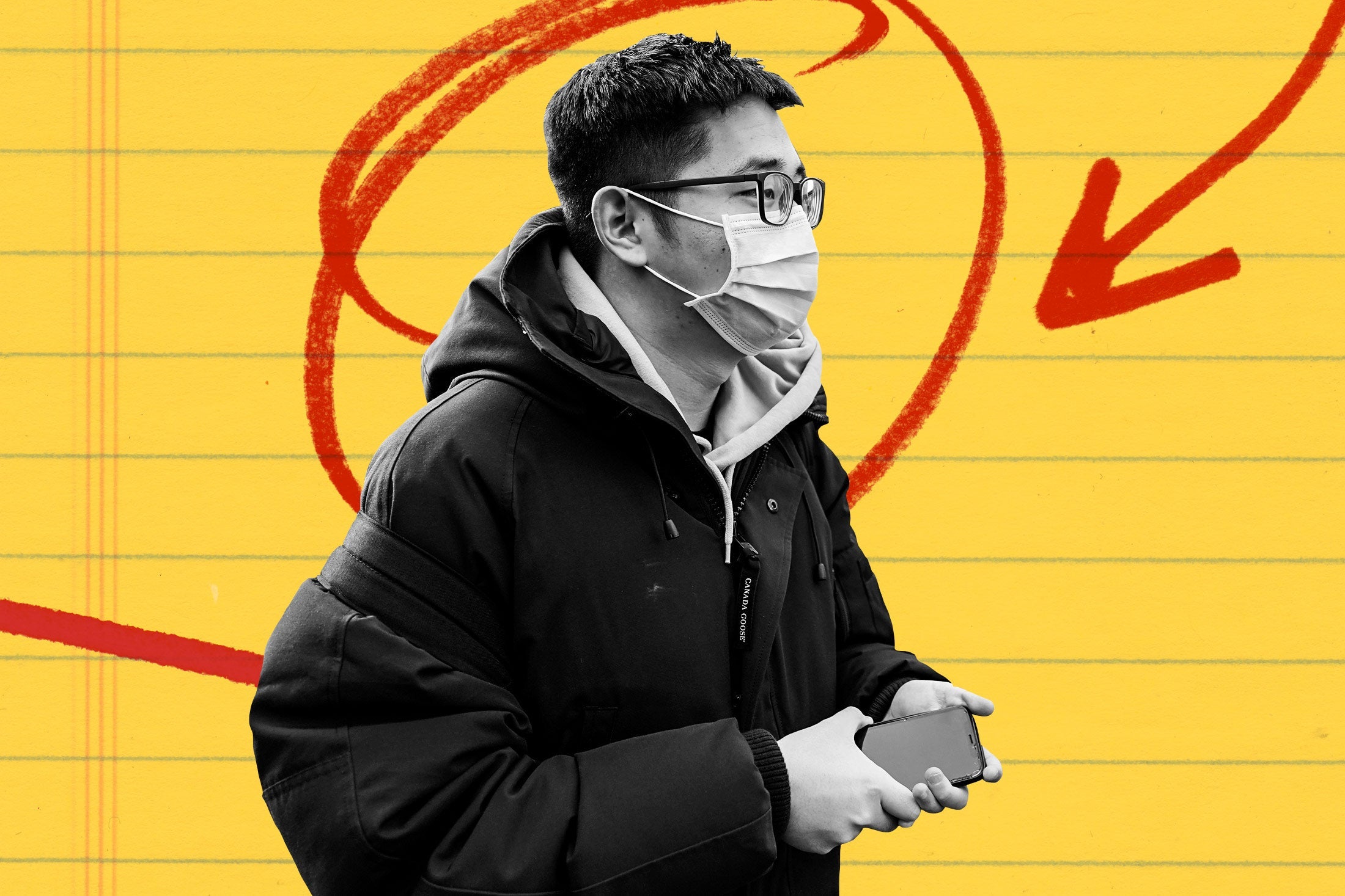 A person with a face mask on, with How To's trademark red scribbles around around them.