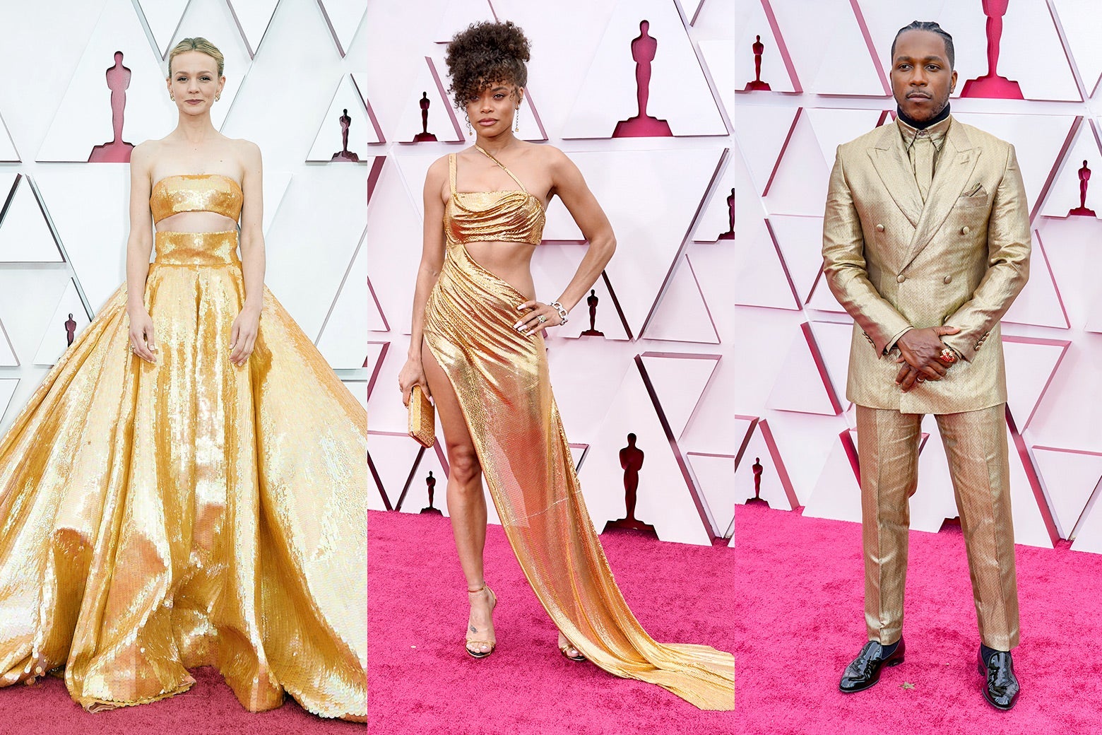 Carey Mulligan, Andra Day, and Leslie Odom Jr. pose on a red carpet.