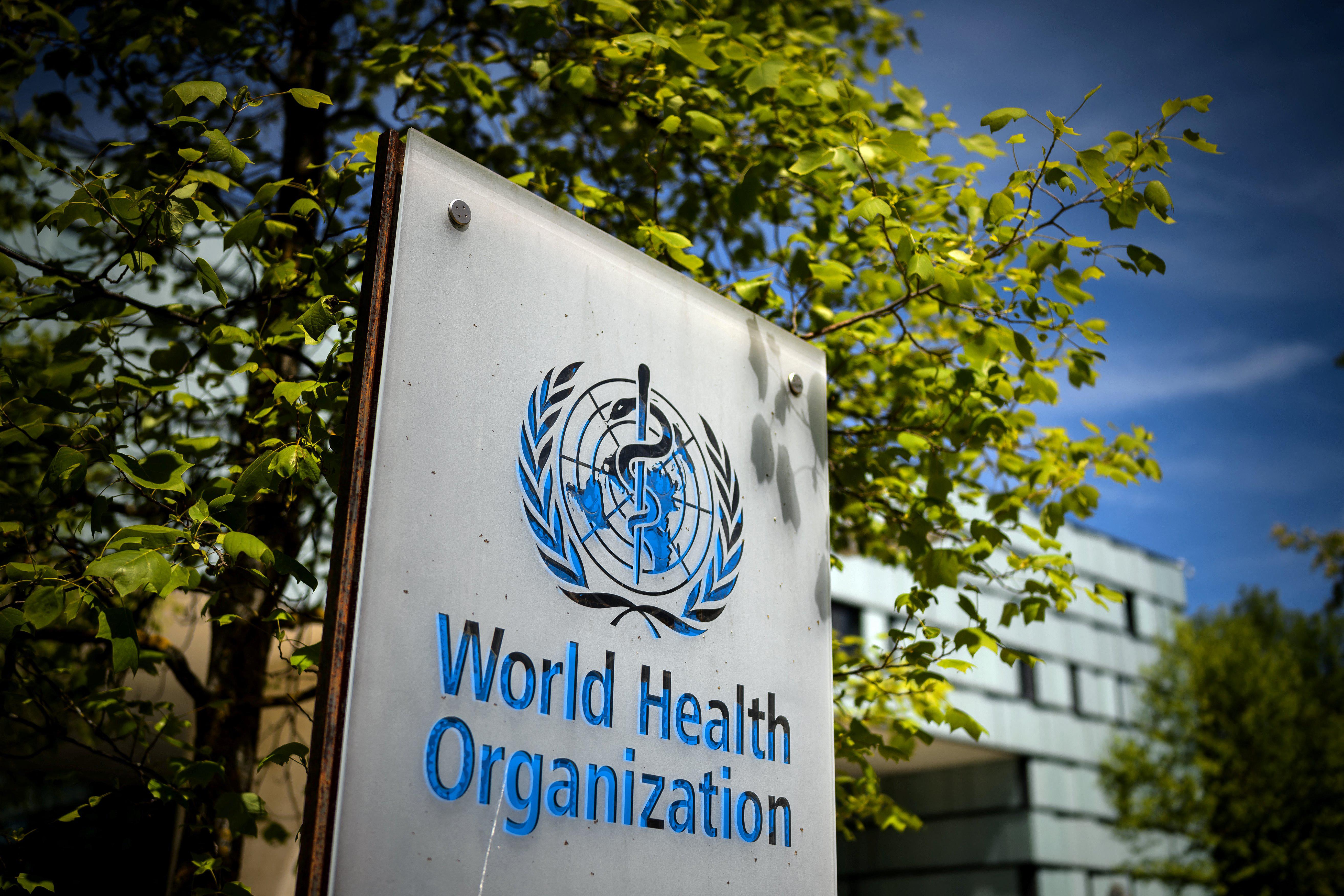 A World Health Organization (WHO) sign at the entrance of its headquarters in Geneva.