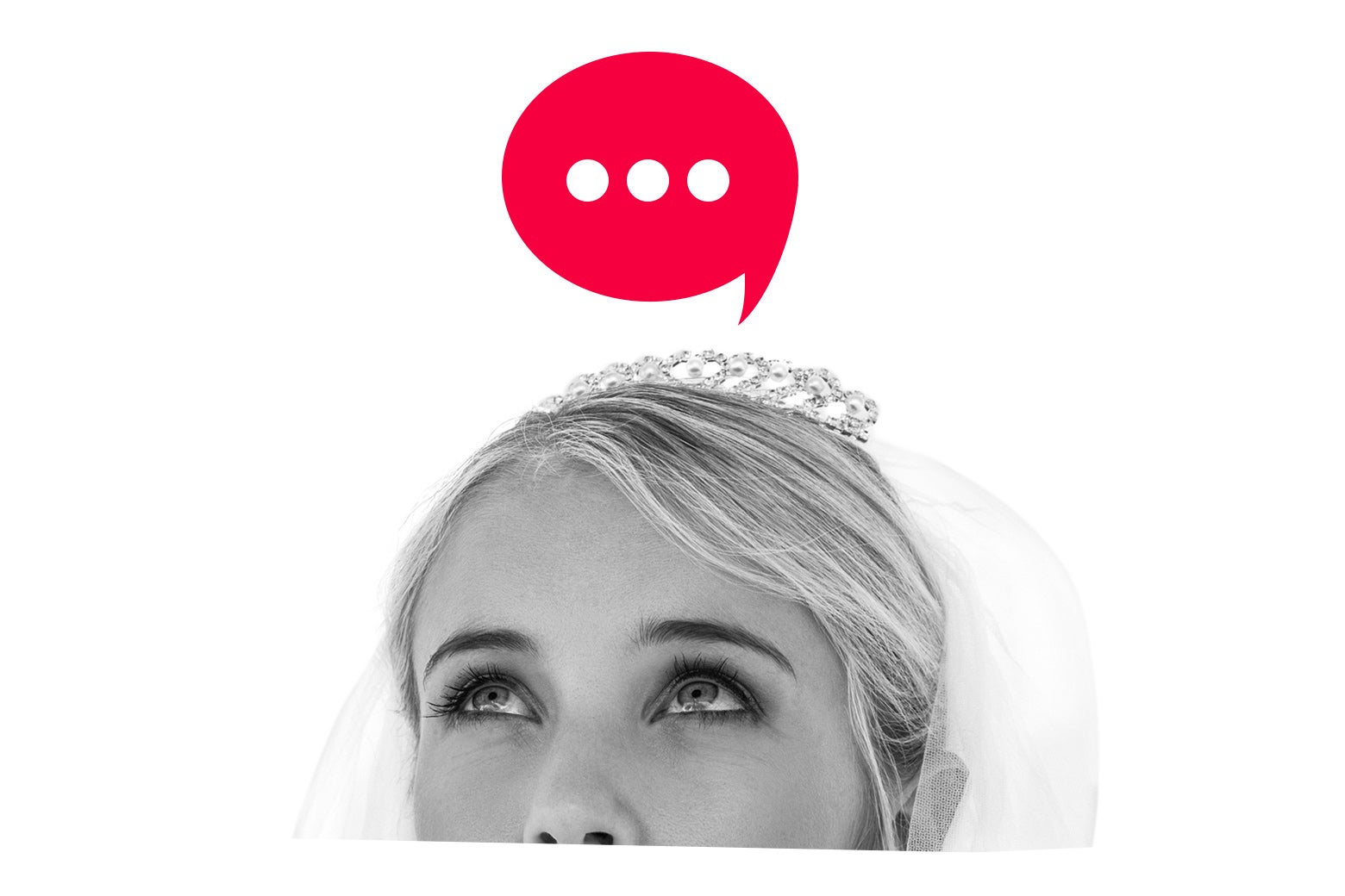 Woman wearing a bridal veil looking up at a thought cloud with ellipses.