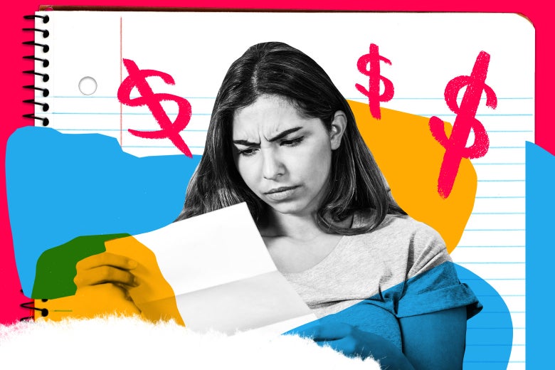 Photo collage of a mother quizzically reading a letter, with illustrated dollar signs above her head.