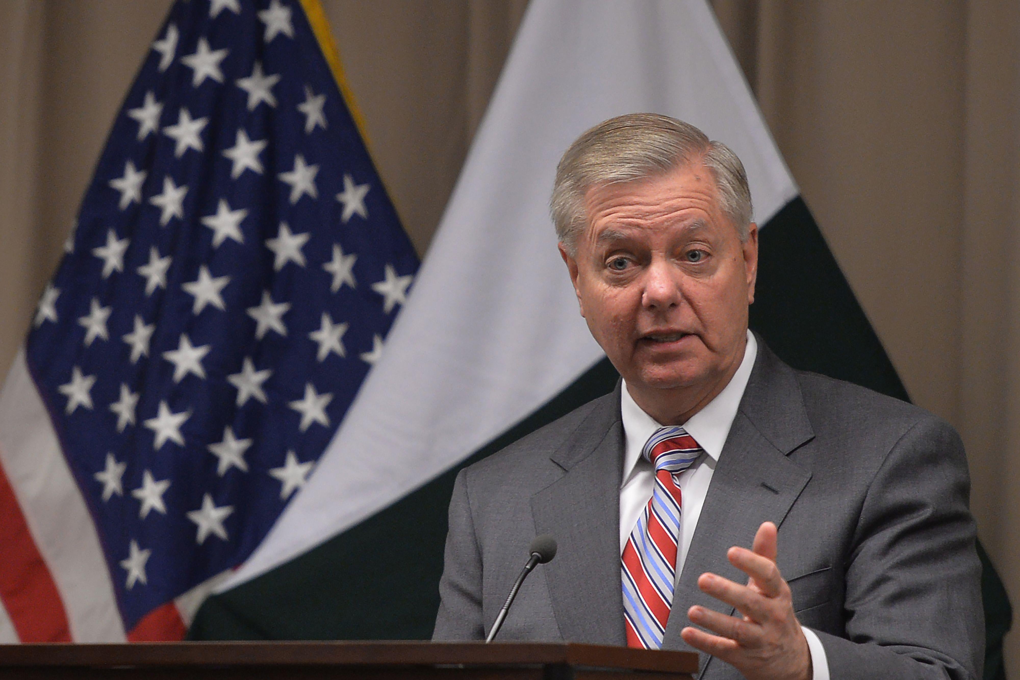 Senator Lindsey Graham holds a news conference at the U.S. embassy in Islamabad on January 20, 2019.