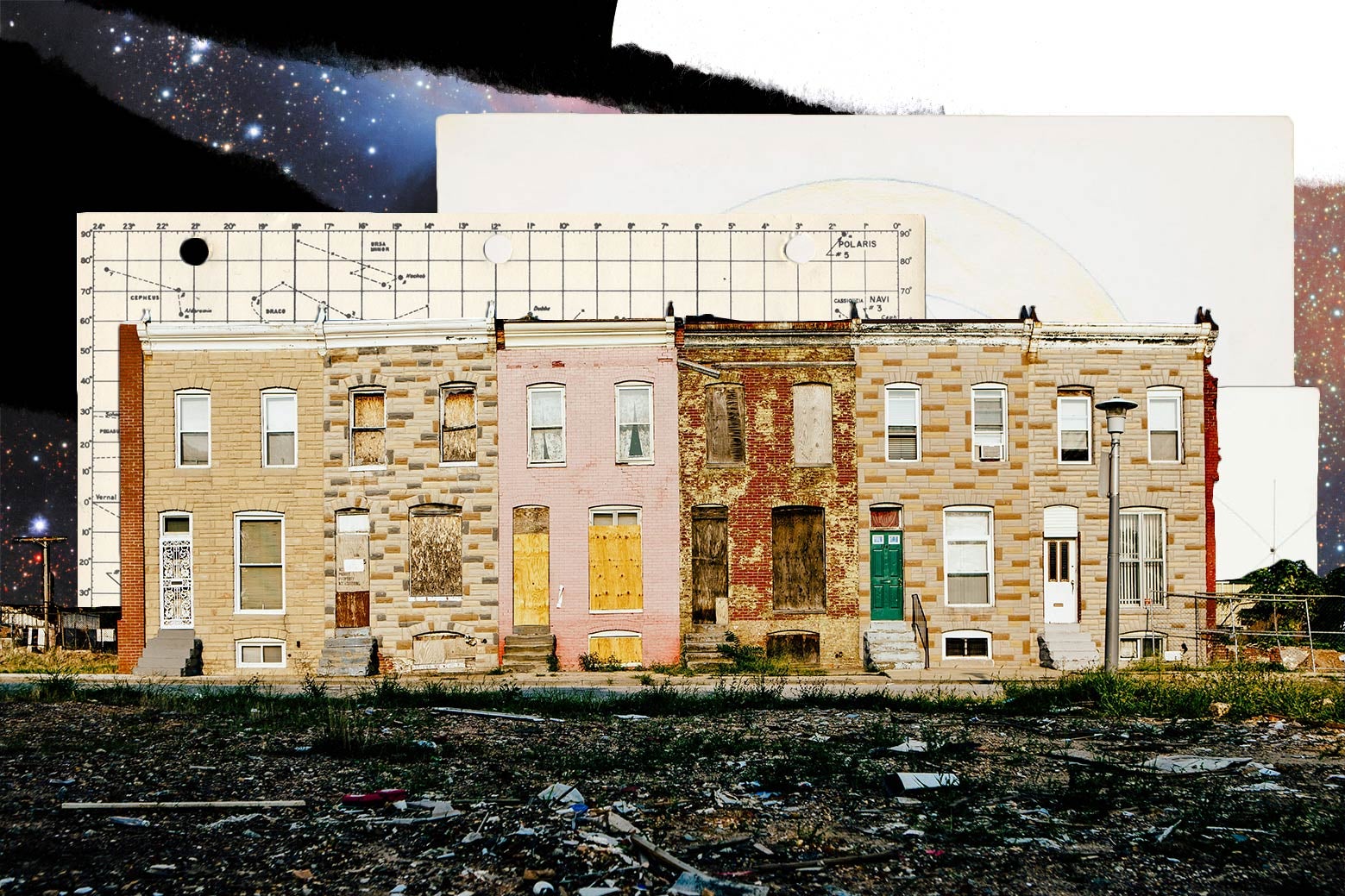 Photo illustration: Vacant houses in Baltimore with astronomical charts and photos of stars collaged behind.