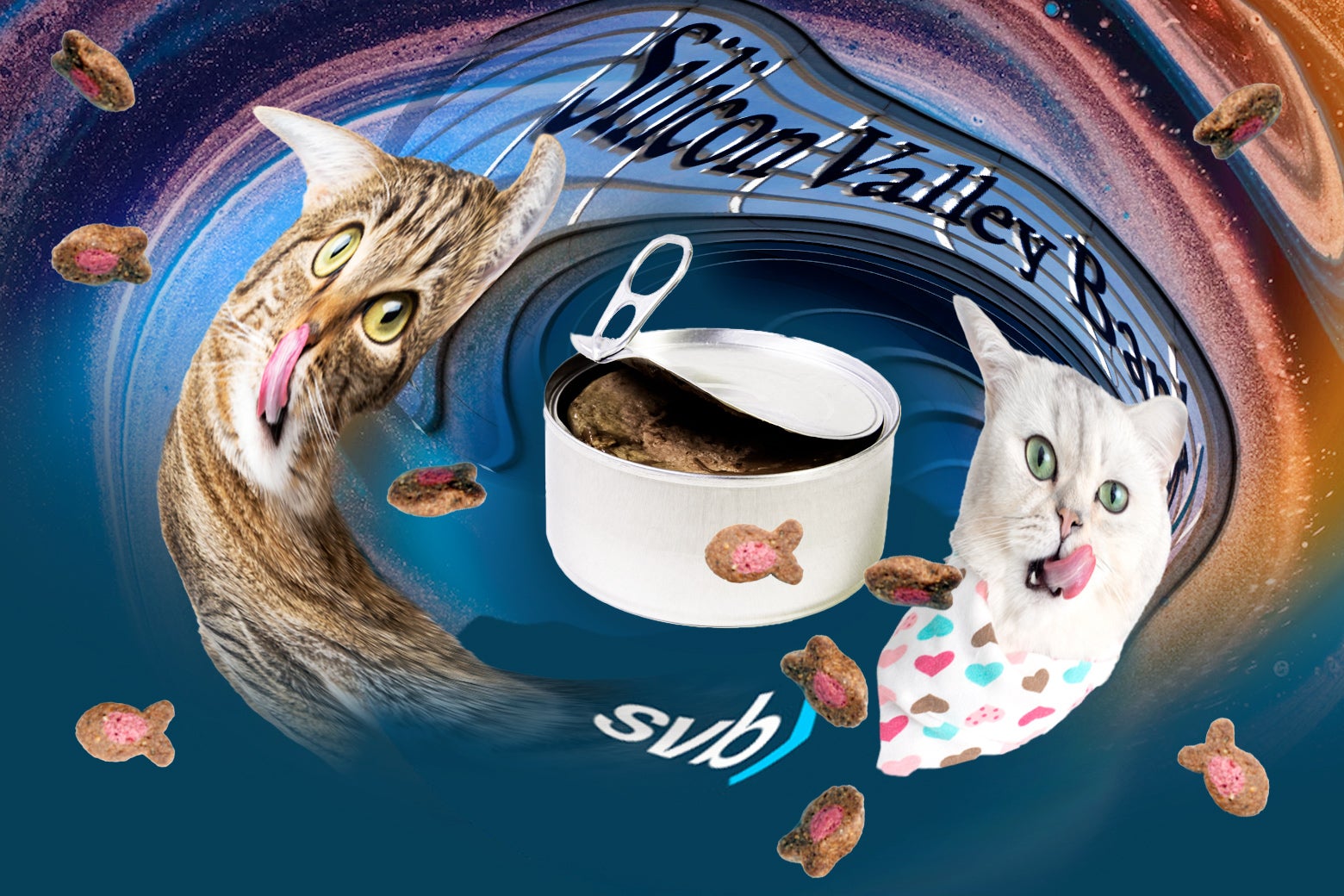 A Silicon Valley Bank branch and some kitties being subsumed by a vortex. Trippy!