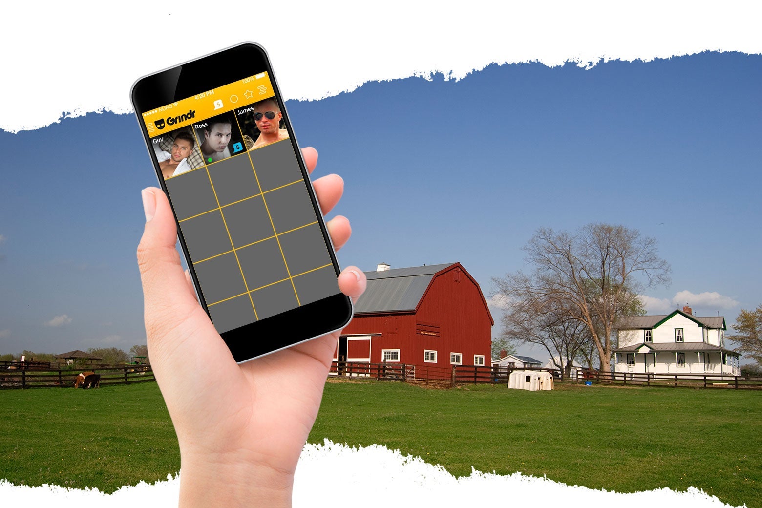 Photo illustration of a man looking at Grindr with a farm in the background.