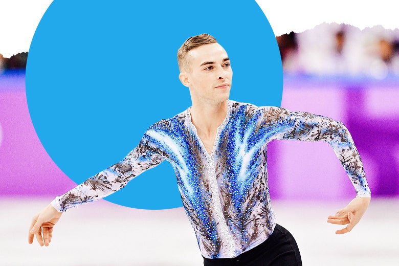 Adam Rippon skating in a blue, white, and gray glittery top.