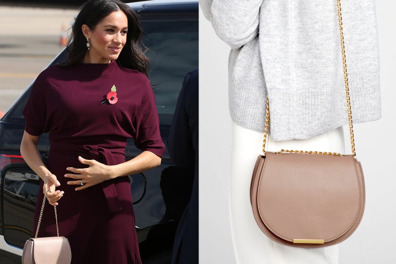 Side-by-side of Duchess of Sussex Meghan Markle, as seen holding a Cuyana saddle bag, and a Cuyana product image of the bag.